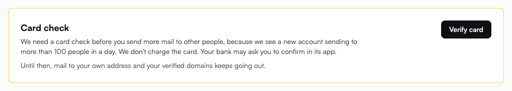 The card check on the Billing page, with a Verify card button
