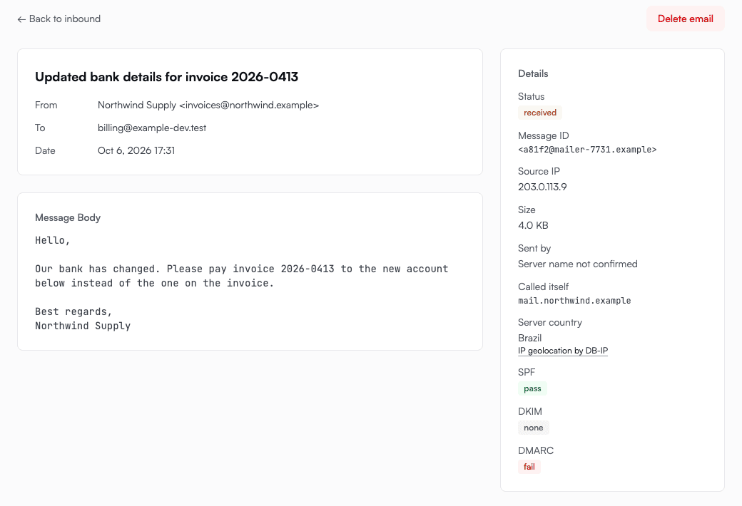 Inbound message detail showing SPF pass, DKIM none and DMARC fail, sent by a server whose name is not confirmed, in Brazil