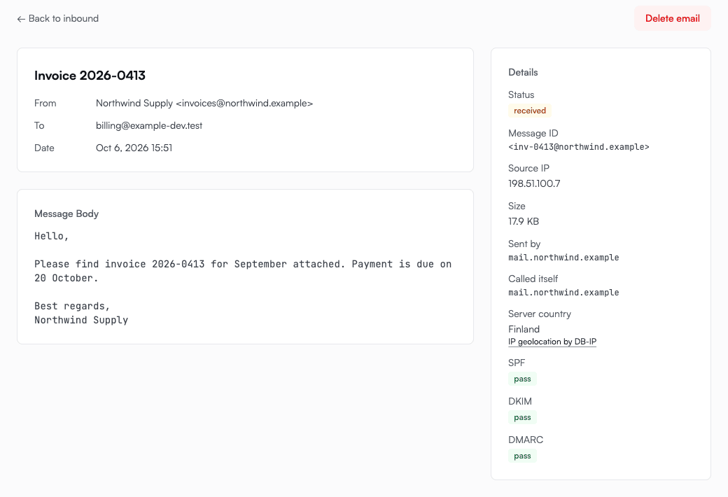 Inbound message detail showing SPF pass, DKIM pass and DMARC pass