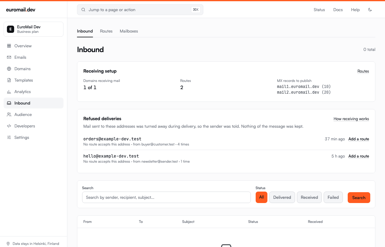 Inbound page showing a Receiving setup panel with domains and routes, and a Refused deliveries list naming two addresses with the reason and an Add a route link