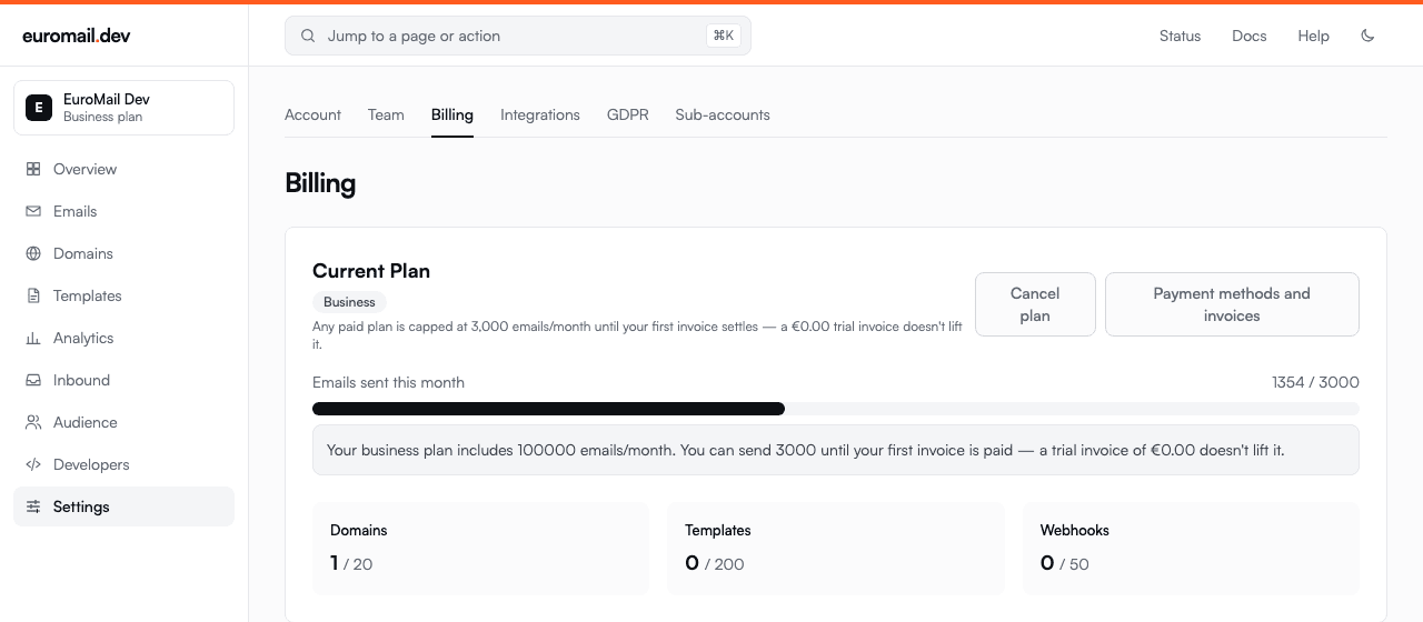 Billing page with the current plan, a Cancel plan button and a Payment methods and invoices button