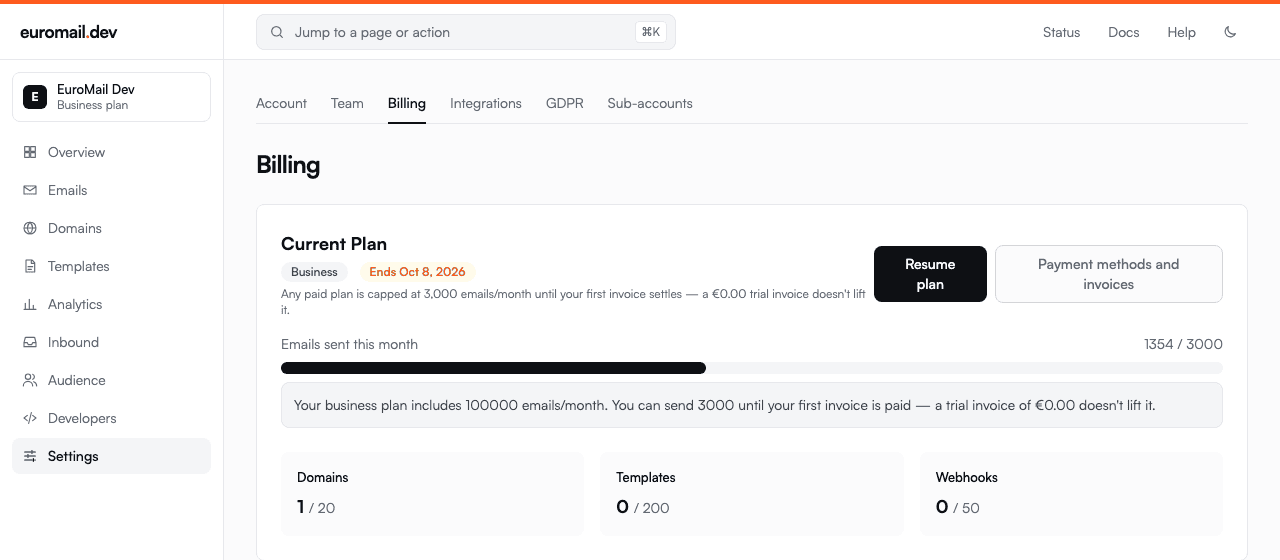 The same page after cancelling, showing Ends Oct 8, 2026 beside the plan name and a Resume plan button
