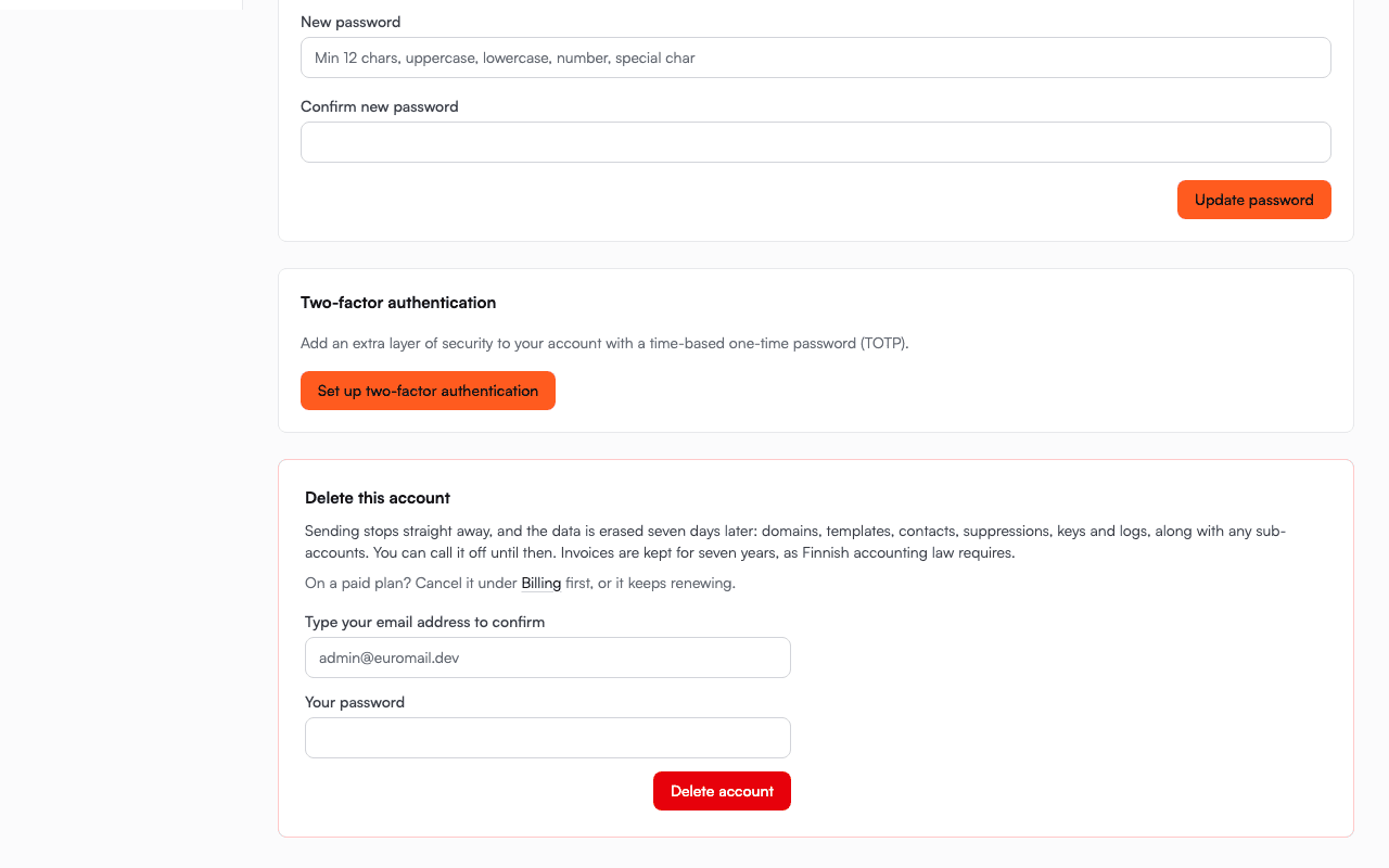 Delete this account panel in Settings, explaining what is erased and asking for the email address and password