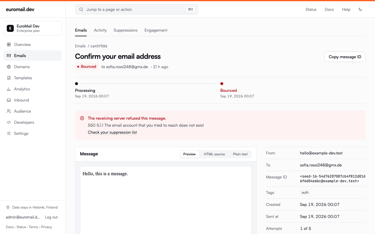 Email page titled Confirm your email address, showing a Bounced status, the delivery timeline, a note that the receiving server refused the message, and the message preview with its details