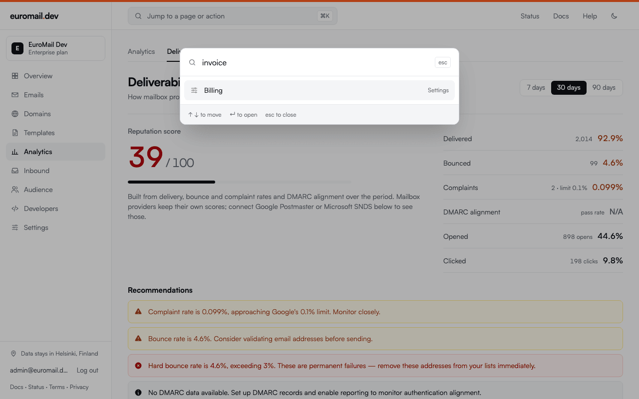 Search panel open over the Deliverability page with the word invoice typed and Billing offered as the result