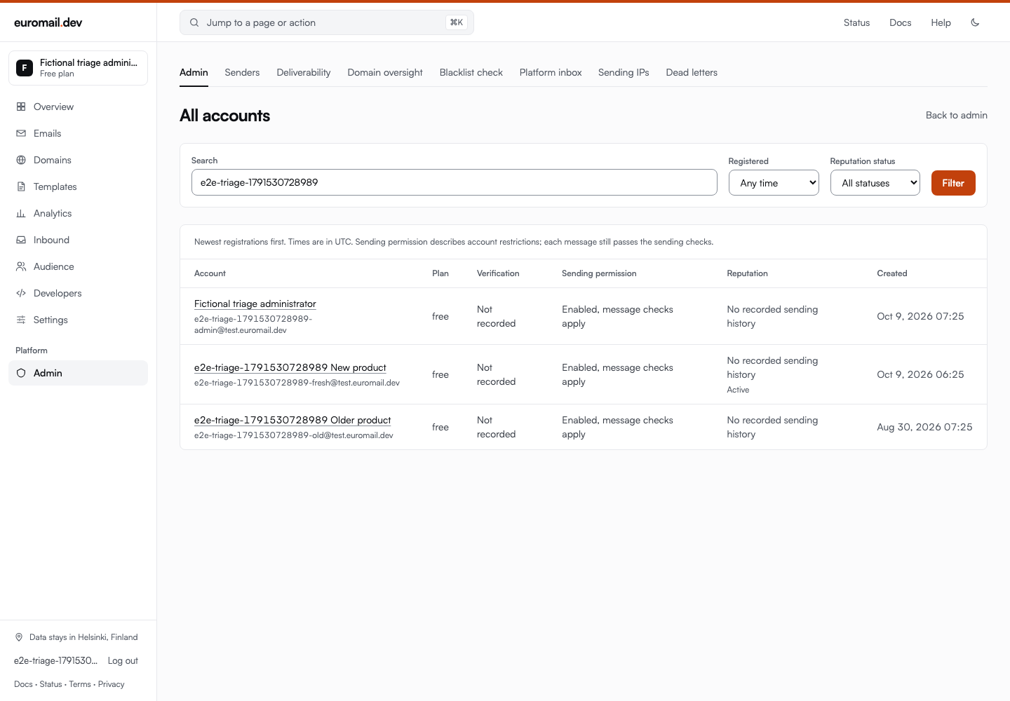 EuroMail's administrator account list showing registration filters and separate verification, sending permission, and reputation columns with fictional test accounts