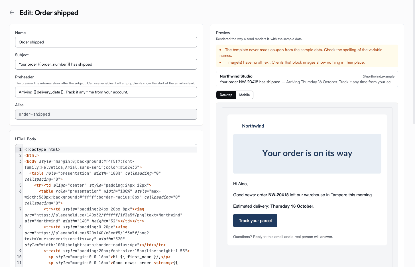 Template editor with name, subject, preheader and syntax-highlighted HTML on the left, and on the right a list of checks, an inbox-row preview and the rendered order-shipped email