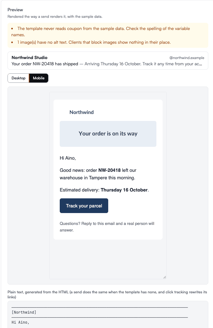 The same email in the preview at phone width, with the plain-text version generated from the HTML underneath